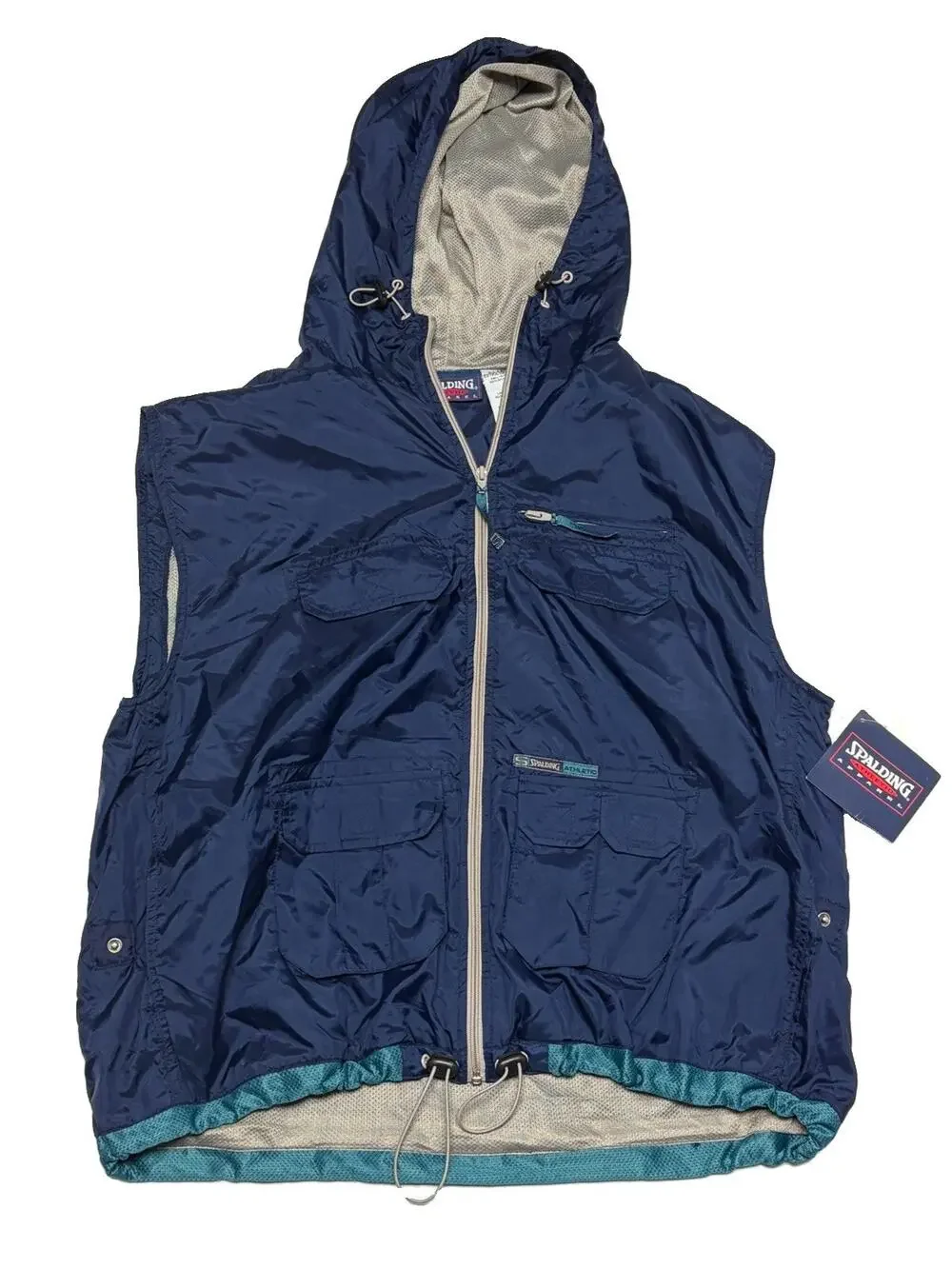 VINTAGE Spalding Jacket Adult XL Sleeveless Navy Windbreaker Hooded Mens 90s NEW